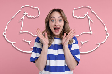 Surprised beautiful woman with drawing of strong arms behind her on pink background