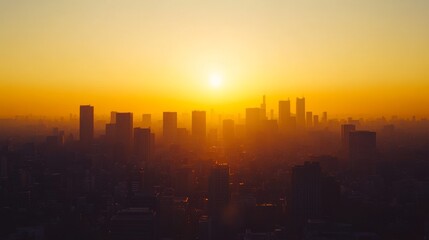 Fototapeta premium urban skyline silhouette, dawn cityscape panorama, skyscraper outlines, golden sunrise background, layered city horizon, architectural silhouettes, warm sky gradient, minimalist city illustration,