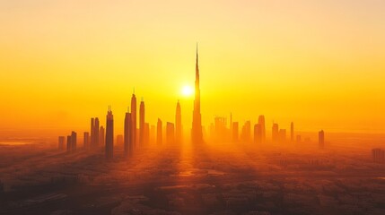 urban skyline silhouette, dawn cityscape panorama, skyscraper outlines, golden sunrise background, layered city horizon, architectural silhouettes, warm sky gradient, minimalist city illustration,