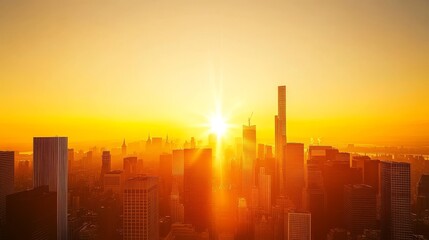 Fototapeta premium urban skyline silhouette, dawn cityscape panorama, skyscraper outlines, golden sunrise background, layered city horizon, architectural silhouettes, warm sky gradient, minimalist city illustration,