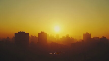 Obraz premium city sunrise silhouette, panoramic urban landscape, warm atmospheric skyline, golden morning light, architectural profile composition, tiered building outlines, minimalist cityscape design, gradient