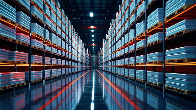 A spacious warehouse interior with neatly stacked metal sheets on pallets, illuminated by bright lights