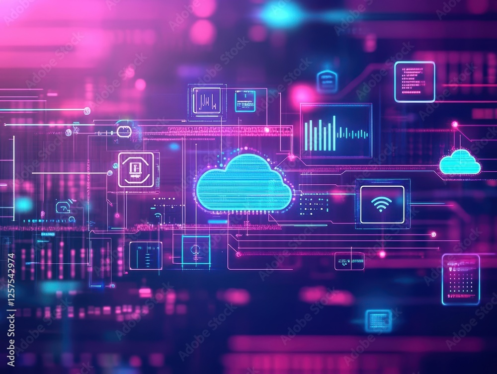 Poster Cloud computing system with various icons representing technology and digital services