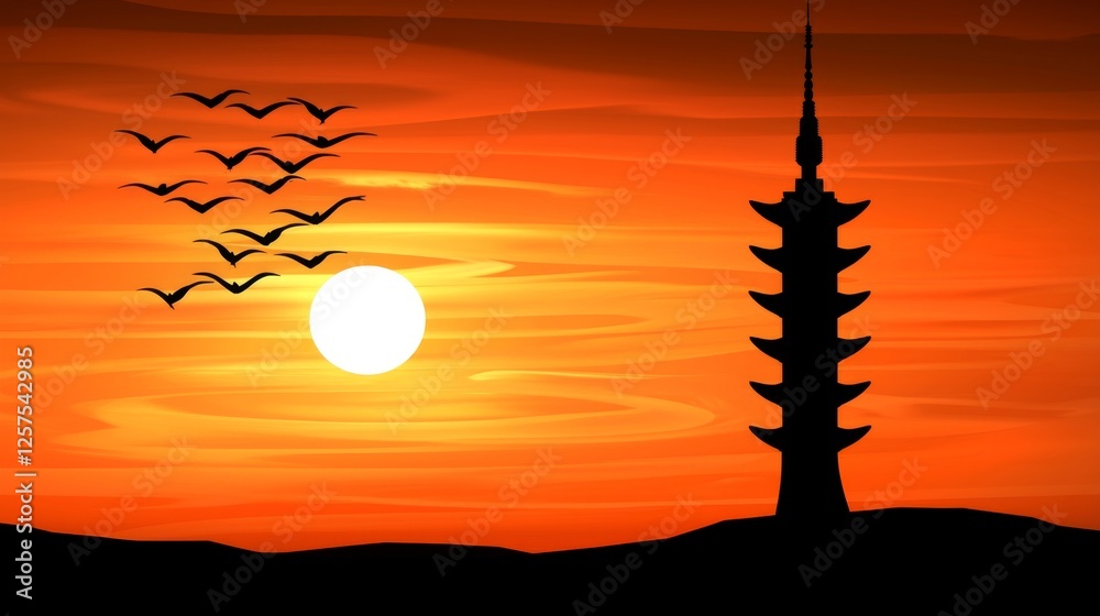 Sticker A silhouette of a pagoda with birds flying in front of the sun