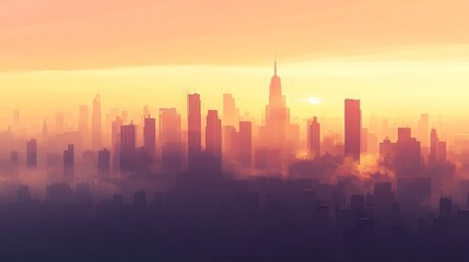 Fototapeta premium urban morning silhouette, panoramic skyline composition, golden dawn cityscape, architectural profile illustration, minimalist city outlines, warm atmospheric design, skyscraper horizon art, peaceful