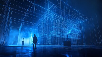 digital building projection, neon architectural framework, modern construction visualization, glowing structural design, technological blueprint aesthetic, cyber development concept, luminous