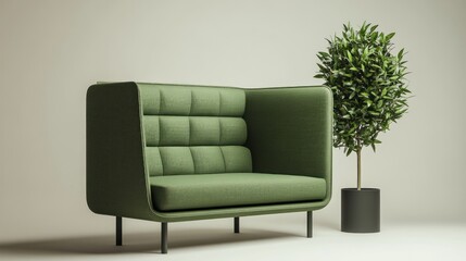 Fototapeta premium Green sofa in minimalist room, plant beside, interior design
