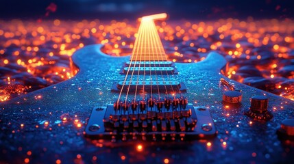 Fototapeta premium Electric guitar on fiery, glowing rocks; futuristic scene