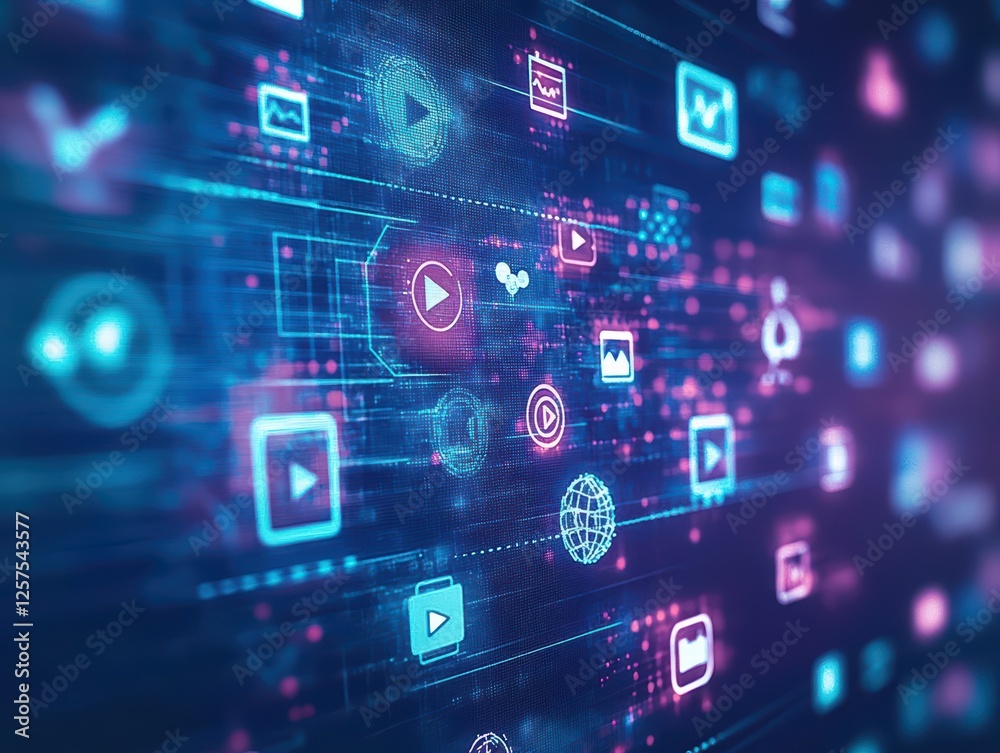 Poster Digital interface displaying various icons and symbols on a modern user interface design