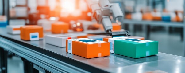 Close-up of a robotic system applying smart labels to packages, interactive digital tracking