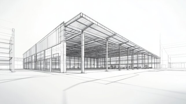 architectural warehouse sketch, industrial framework drawing, structural detail visualization, interior space wireframe, technical building design, linear construction rendering, detailed roof