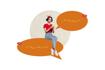 Fototapeta premium Collage picture young girl sit textboxes message communication phrases replies social media network notification internet virtual speech