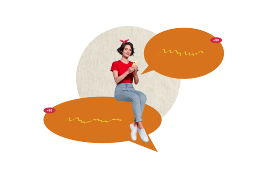 Collage picture young girl sit textboxes message communication phrases replies social media network notification internet virtual speech