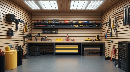 contemporary garage workshop, organized tool display, wooden slatwall system, bright interior design, professional garage setup, modern storage solutions, clean workspace layout, natural light