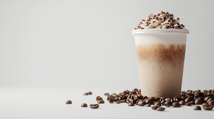Minimalist composition with coffee cup, creamy foam, and scattered beans on white background
