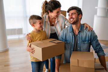 New home, box and parents with child in new house, property mortgage and real estate investment.