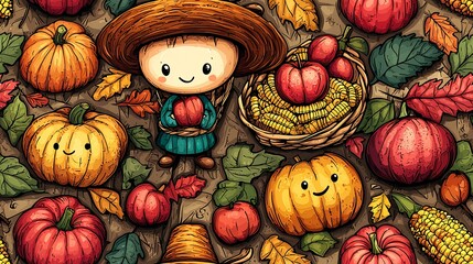 Happy child farmer amidst autumn harvest; pumpkins, apples, corn. Fall harvest illustration for seasonal designs