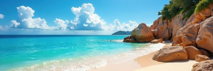 Sun-drenched brown rocks, white clouds drift above azure sea , texture, Coastal, water
