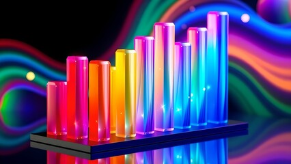 A futuristic neon-lit bar graph with glowing, transparent columns in a digital cyberpunk world, representing data analytics, financial trends, and technological growth.