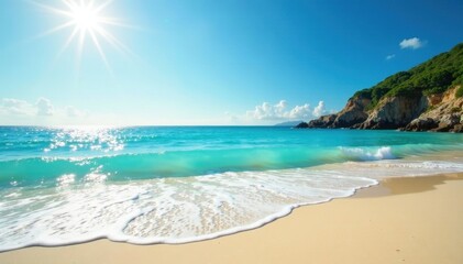 Sun-kissed sand, turquoise waves gently lapping shore, summer, relaxation