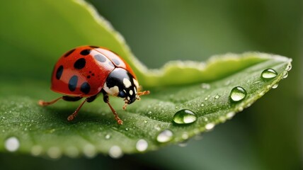 Fototapeta premium Ladybug on Dew-kissed Green Leaf Close-up Shot, Capturing Nature's Detail
