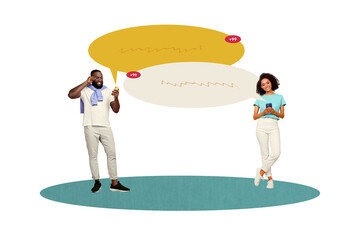 Creative collage young girl man communication social media messenger smartphone remote speech...