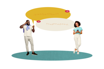 Creative collage young girl man communication social media messenger smartphone remote speech notification reply answer cite