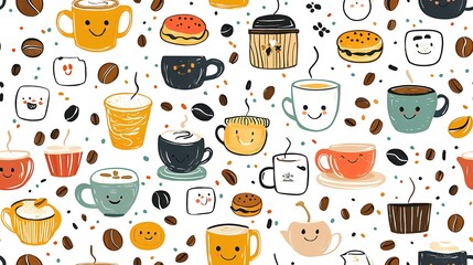 Happy Coffee Cups and Treats Seamless Pattern; perfect for mugs, textiles, or kitchenware