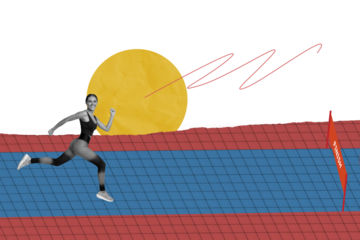 Composite photo collage of girl athlete run race finish competition endurance speed diligence cardio isolated on painted background