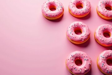 Various pink iced donuts, pastel pink backdrop, pastry photo, sweet treat