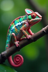 Fototapeta premium Vibrant Fischer's chameleon perched on branch, color, day, nature