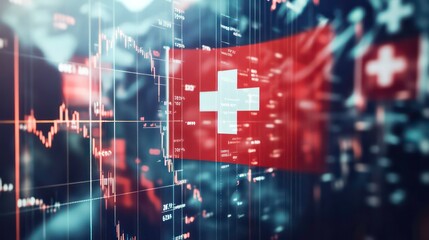 Switzerland flag and country's economy financial graphs. Swiss country, Switzerland global economic influence. Double exposure. Inflation, deflation, profit & loss, Business, banking, Investment.