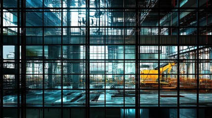 building site through glass, tower crane framework, urban construction view, architectural development scene, industrial progress photography, modern window perspective, structural silhouette