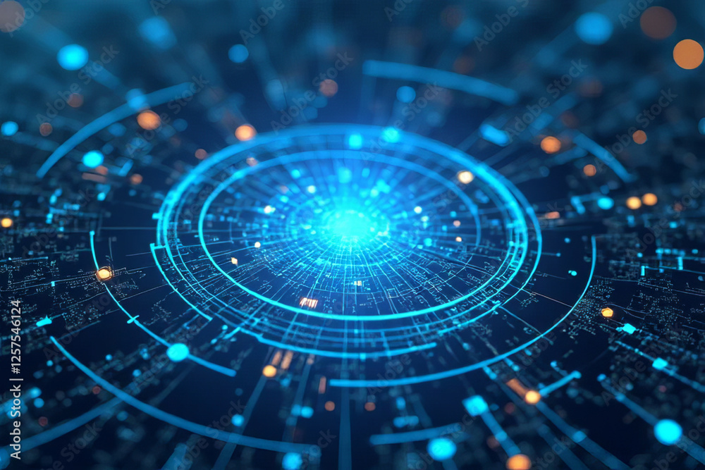 Wall mural futuristic digital abstract background with glowing circles and lines