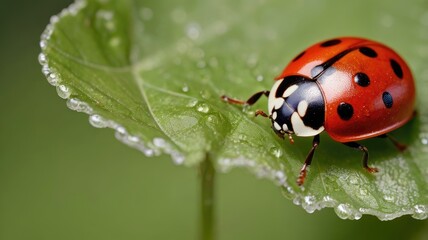 Ladybug Resting on Leaf with Water Droplets in Macro View