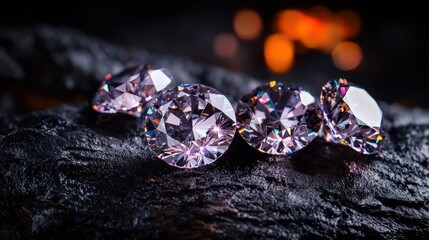 Pink diamonds on dark rock, fire background, luxury jewelry