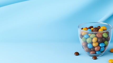 A glass bowl filled with colorful candies on a blue background