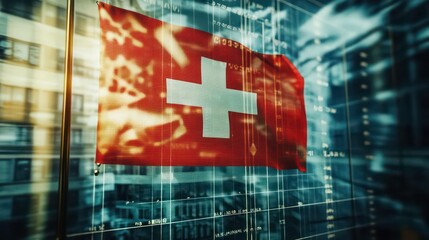 Switzerland flag and country's economy financial graphs. Swiss country, Switzerland global economic influence. Double exposure. Inflation, deflation, profit & loss, Business, banking, Investment.