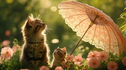 A cat with a small kitten is looking for shade under a small, decorative parasol. in a summer garden 