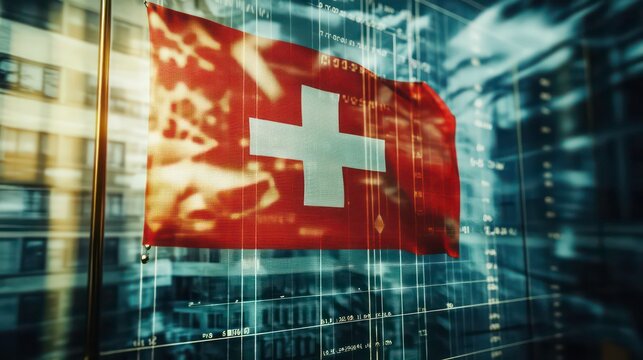 Switzerland flag and country's economy financial graphs. Swiss country, Switzerland global economic influence. Double exposure. Inflation, deflation, profit & loss, Business, banking, Investment.