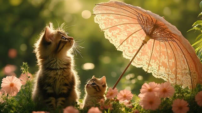 A cat with a small kitten is looking for shade under a small, decorative parasol. in a summer garden 