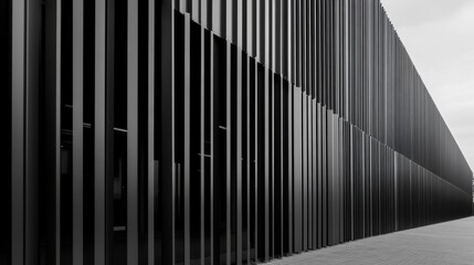 Obraz premium modern industrial facade, warehouse architectural detail, structured metal panels, geometric building design, commercial exterior composition, industrial minimalism, clean linear patterns,