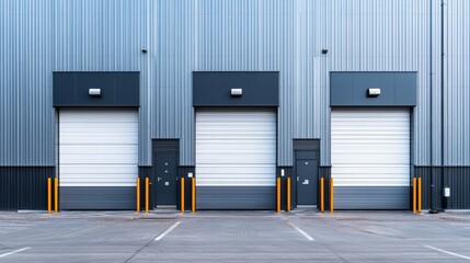 Obraz premium modern industrial facade, warehouse architectural detail, structured metal panels, geometric building design, commercial exterior composition, industrial minimalism, clean linear patterns,