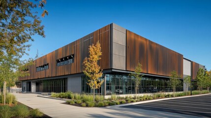 modern industrial facade, warehouse architectural detail, structured metal panels, geometric building design, commercial exterior composition, industrial minimalism, clean linear patterns,