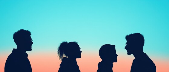 silhouettes of four people against a colorful sunset
