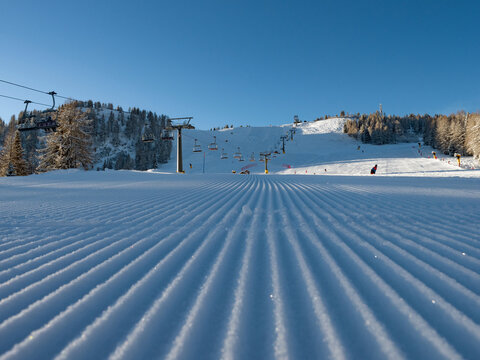 Skiing on the Dolomites Civetta resort On a beautiful sunny day. Italy
