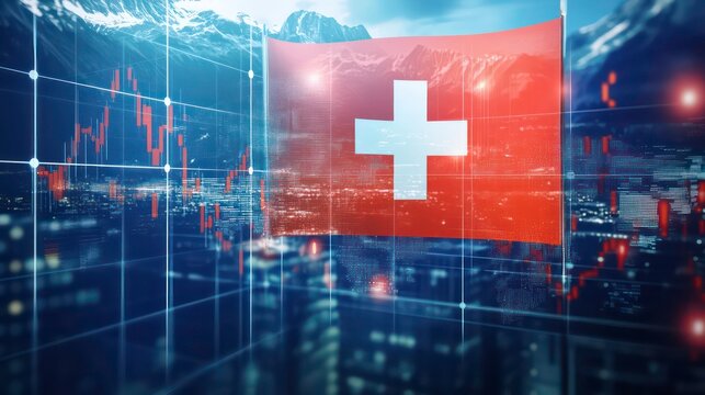 Switzerland flag and country's economy financial graphs. Swiss country, Switzerland global economic influence. Double exposure. Inflation, deflation, profit & loss, Business, banking, Investment. - Powered by Adobe