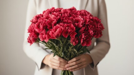 Man in a light gray blazer holds a dramatic red carnation bouquet on white