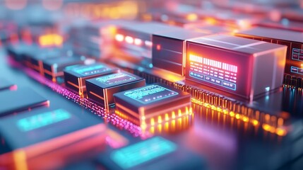Fully automated warehouse with glowing digital interfaces displaying package tracking data