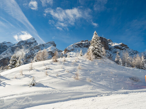 Skiing on the Dolomites Civetta resort On a beautiful sunny day. Italy